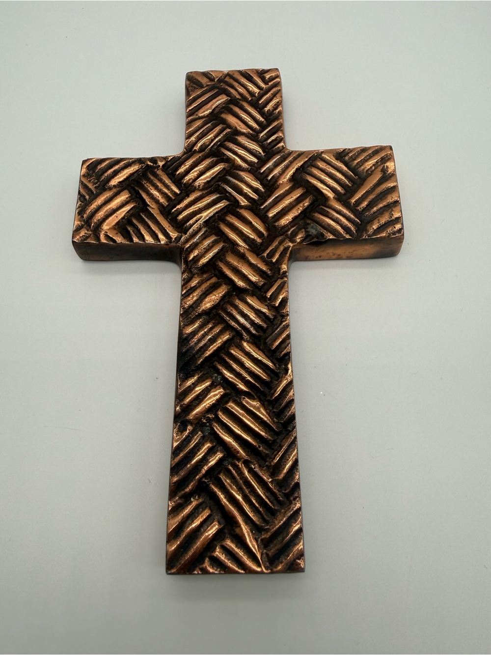 Vintage Cast Metal Brass Bronze Basketweave Wall Cross 7" x 4.5" India Religious